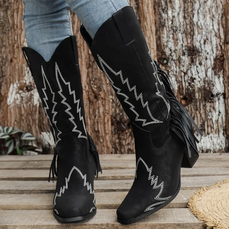 

Classics Embroidery Tassel Women's Boots Winter Fashion Western Cowgirl High Heel Boots Square Toe Middle Tube Shoes for Women