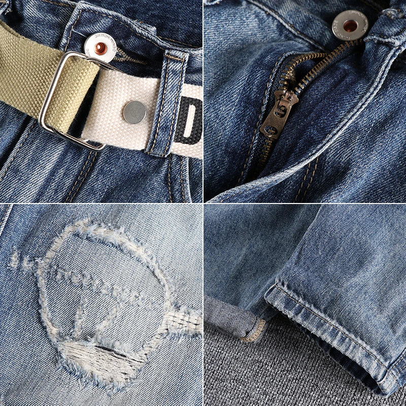 Heavy washed hole patch jeans men's spring and summer new fashion European and American nine point pants fit straight pants