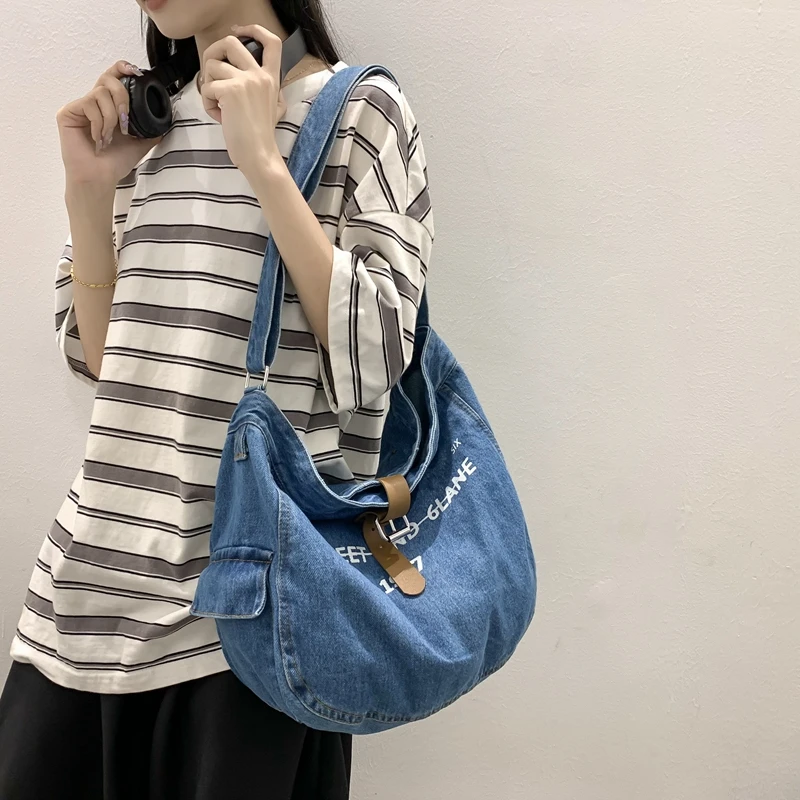 

Denim Shoulder Bags For Women High Quality Shopping Bag Casual Eco Bag Korean Canvas Messenger Bag Y2K Daily Satchel Student Sac