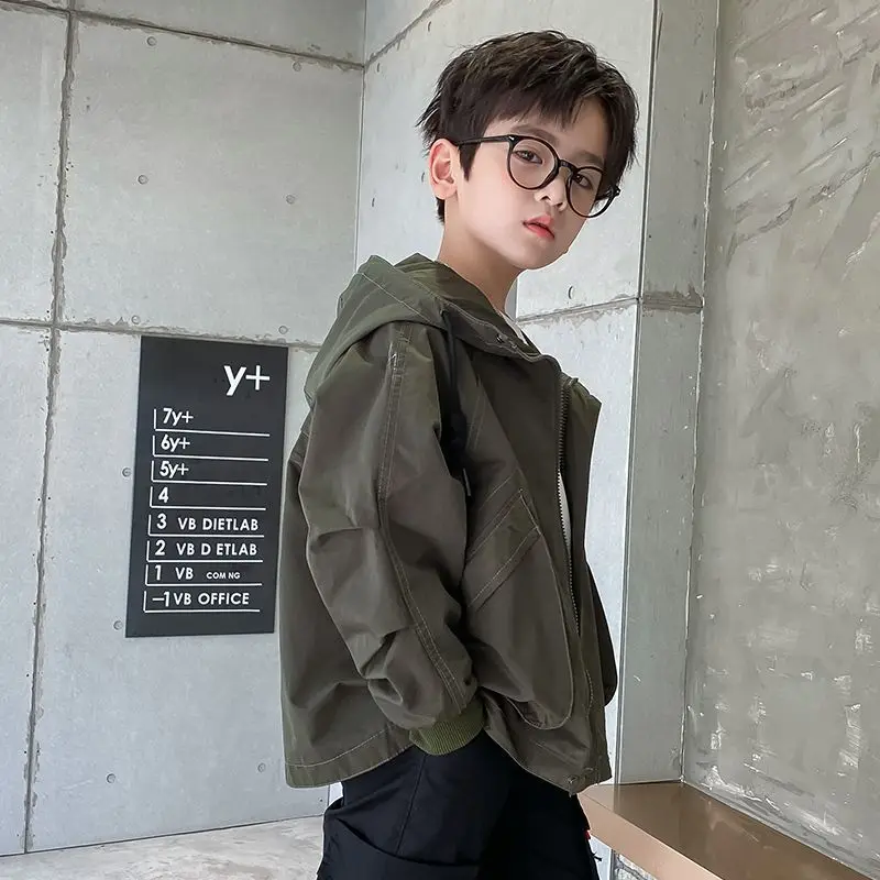 

2023 Children Boys Spring Trench Girls Hooded Windbreaker Loose Cardigan Versatile Boutique Zipper Fashion Windcheater G17