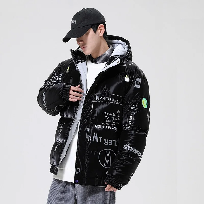 Couples Letter Print Winter Jacket Men Thickened Warm Jacket  Fashion Letter Shiny Hooded Cotton Coat Jacket with Hood