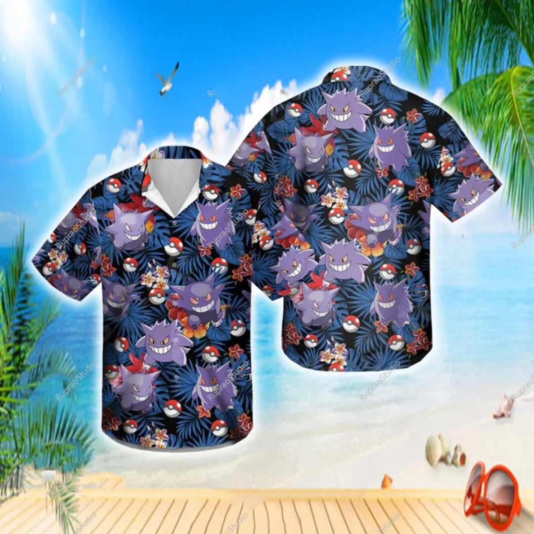 

Pokmon Pikachu Gengar Video Game Pokmon Anime Summer Aloha Tropical Hawaiian Button Men and Children Shirt