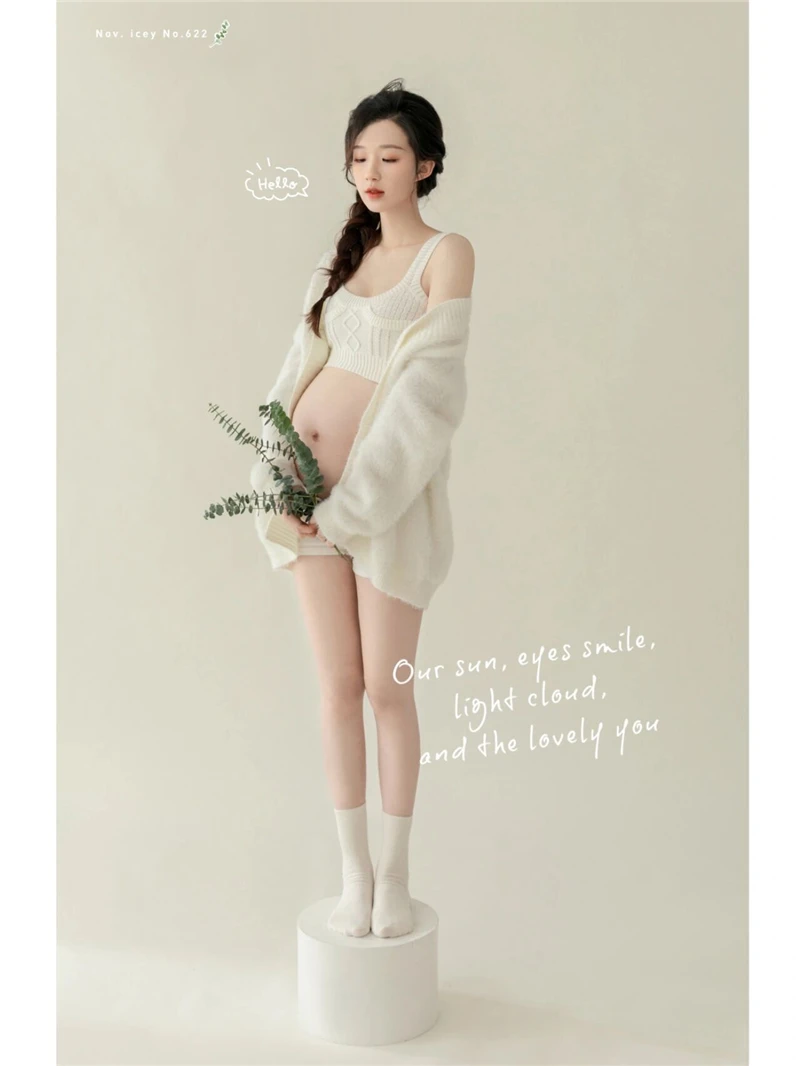 Women Photography Props Maternity Dresses Pregnancy Knit White Tank Top Shorts Sweater 3pcs Set Studio Photoshoot Clothes Korean enlarge