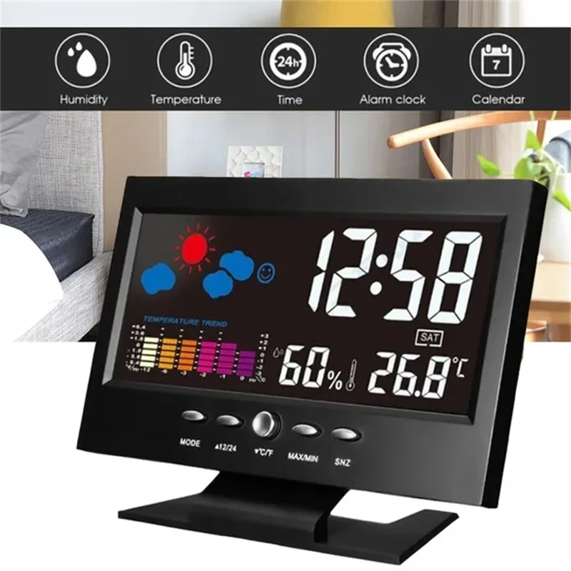 

LCD Back Light Indoor Weather Station Alarm Clock Time/Date/Week/Alarm/Temp/Humidity/Weather/Snooze Display Home Decor