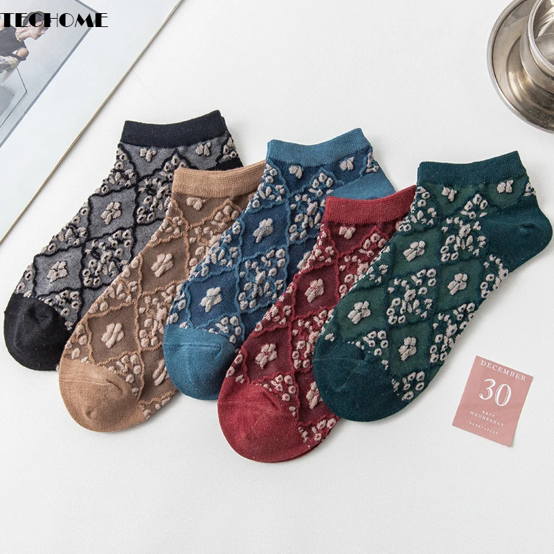 

10 Pairs/set Retro Floral Socks Women's Summer Cotton 3D Shallow Mouth Retro Three-dimensional Flowers Japanese Cute Boat Socks