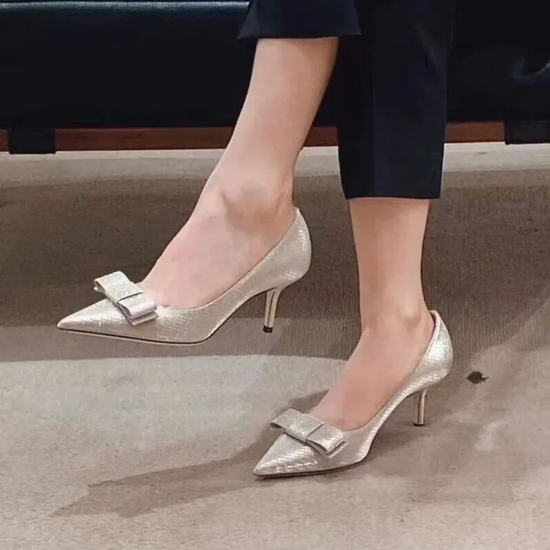 Серебряная женская обувь с бантом туфли-лодочки на высоком каблуке во