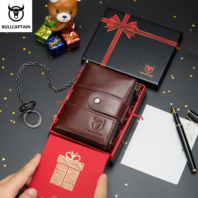 BULLCAPTAIN Leather Wallet Retro Classic Vertical Multi-Card Multi-Function Anti-Theft Brush Zipper Coin Purse