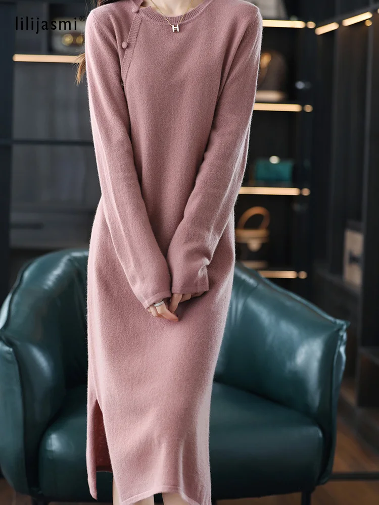 100% Natural Wool O-Neck Knitted Chinese Style Button Dress Straight Winter Dress 2022 Women New Soft Knitwear Long Sweaters