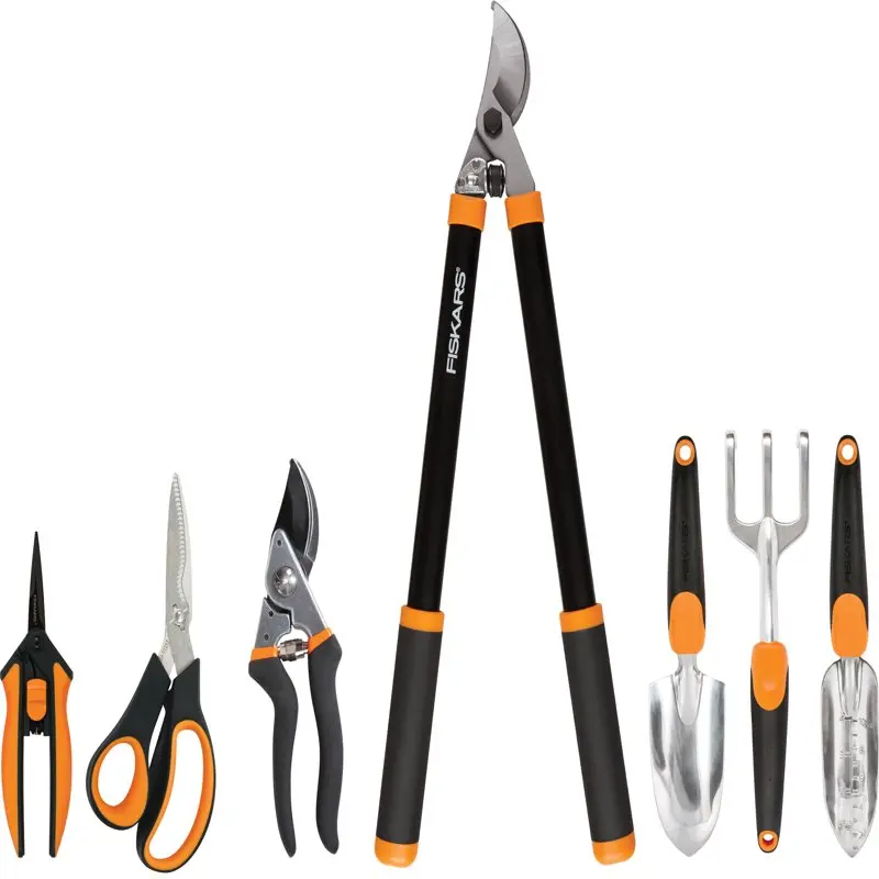 Essential 7 Pc Garden Tools Bundle, Steel, Orange and Black