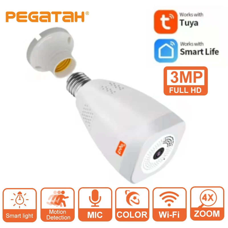 

PEGATAH 3MP Tuya Light Bulb Wifi Camera Full HD 360° Panorami Wireless 4X Zoom Smart Life Bulb Security Cameras Lamp Cam
