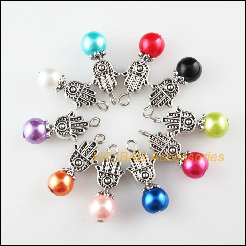 

Fashion New 20Pcs Tibetan Silver Plated Tone Palm Hand Mixed Round Glass Beads Charms Pendants 10x25mm