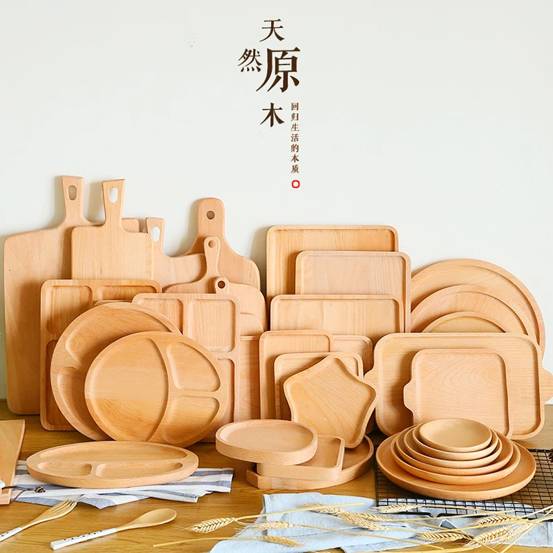 

Japanese-style solid wood bread snack separated tray rectangular round tea tray fruit plate Safety and health practical