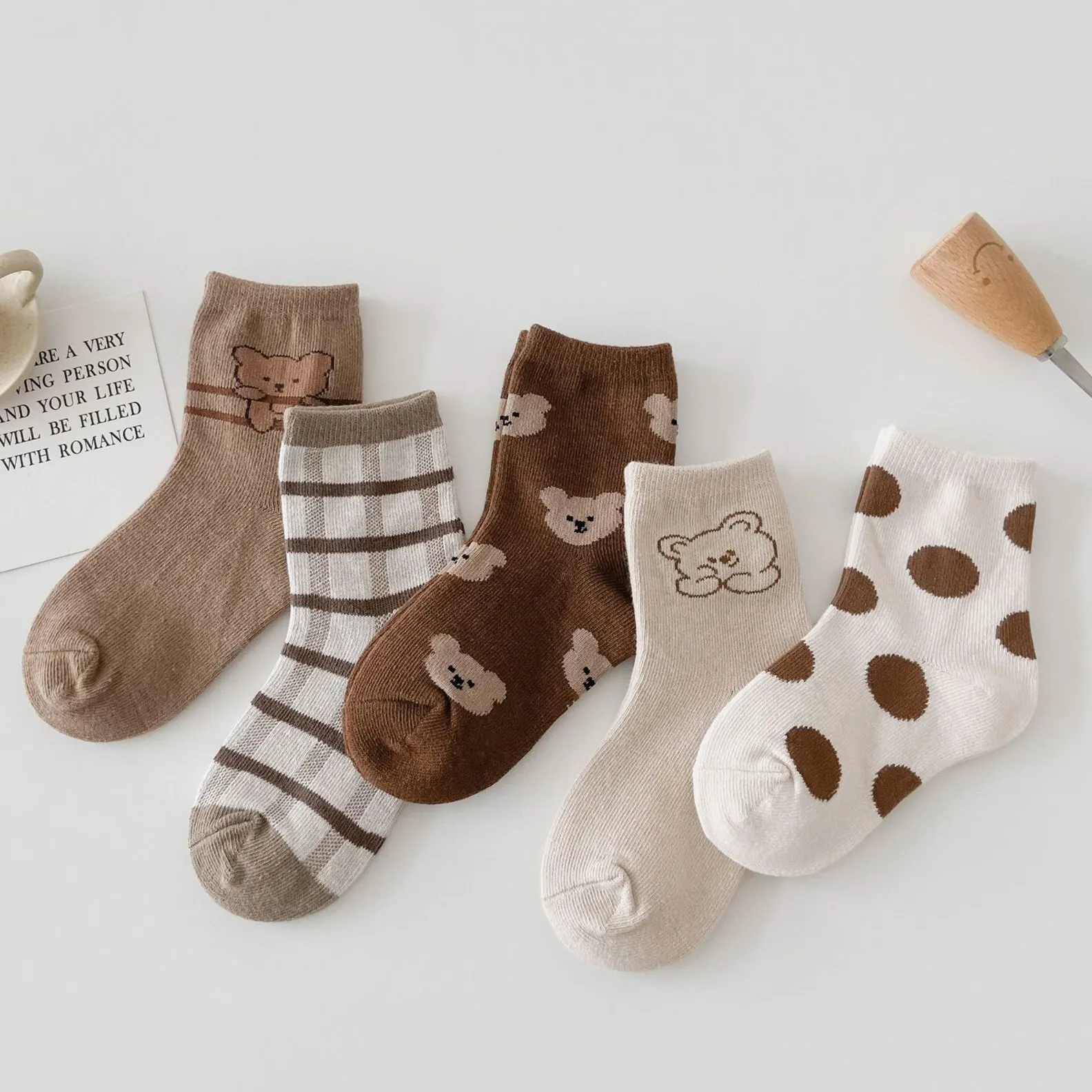5 Pairs Socks Kids Boys Girls Cotton Socks Baby Cartoon Bear Polka Dots Pattern Children Infant Toddler Socks Spring Autumn