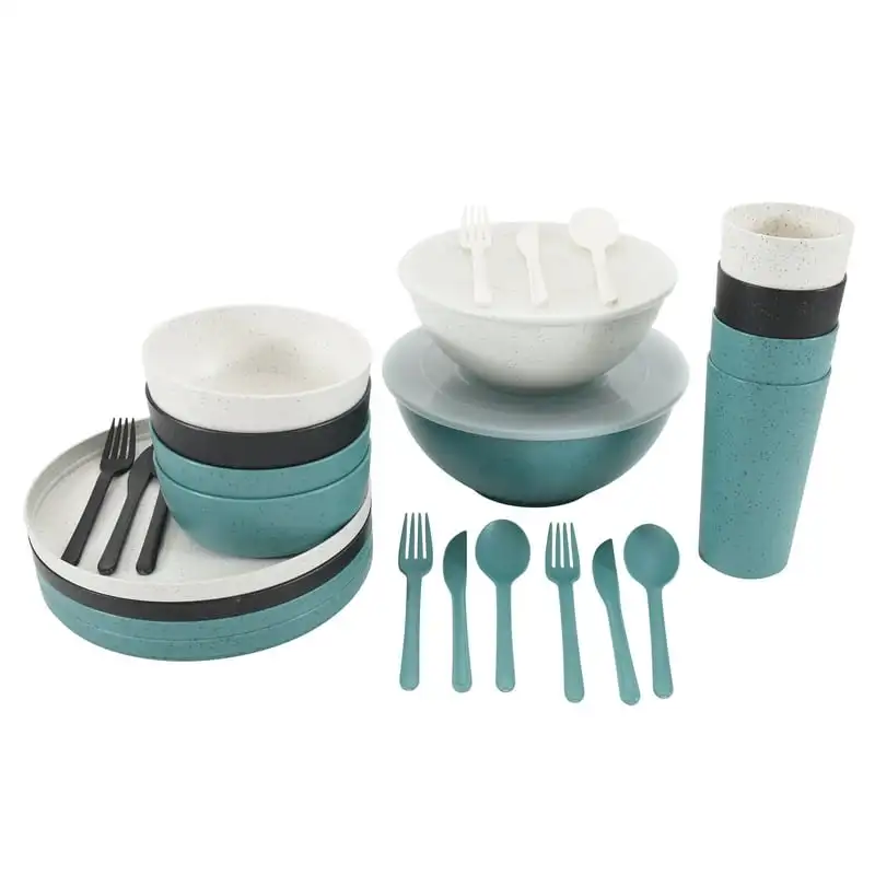 

Eco-Friendly Recycled Plastic Dinnerware Set White plates Wooden bowl Wooden utensils Spoon fork knife set Steak knife set Lunch