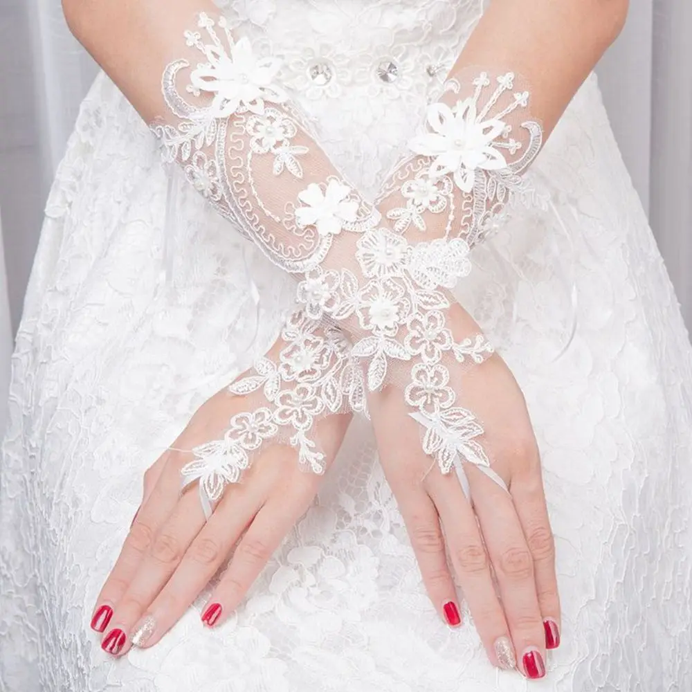 

Hand Sleeve Pearl Bridal Mittens Bowknot Prom Dinner Gloves Lace Mittens Wedding Bridal Gloves Bow Gloves Women Gloves