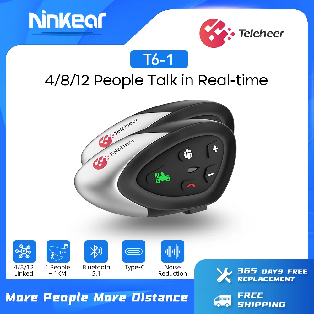 

Bluetooth-гарнитура для мотоциклетного шлема Ninkear Teleheer T6, 1000 м, IP65 BT, переговорное устройство для 4/8/12 водителей