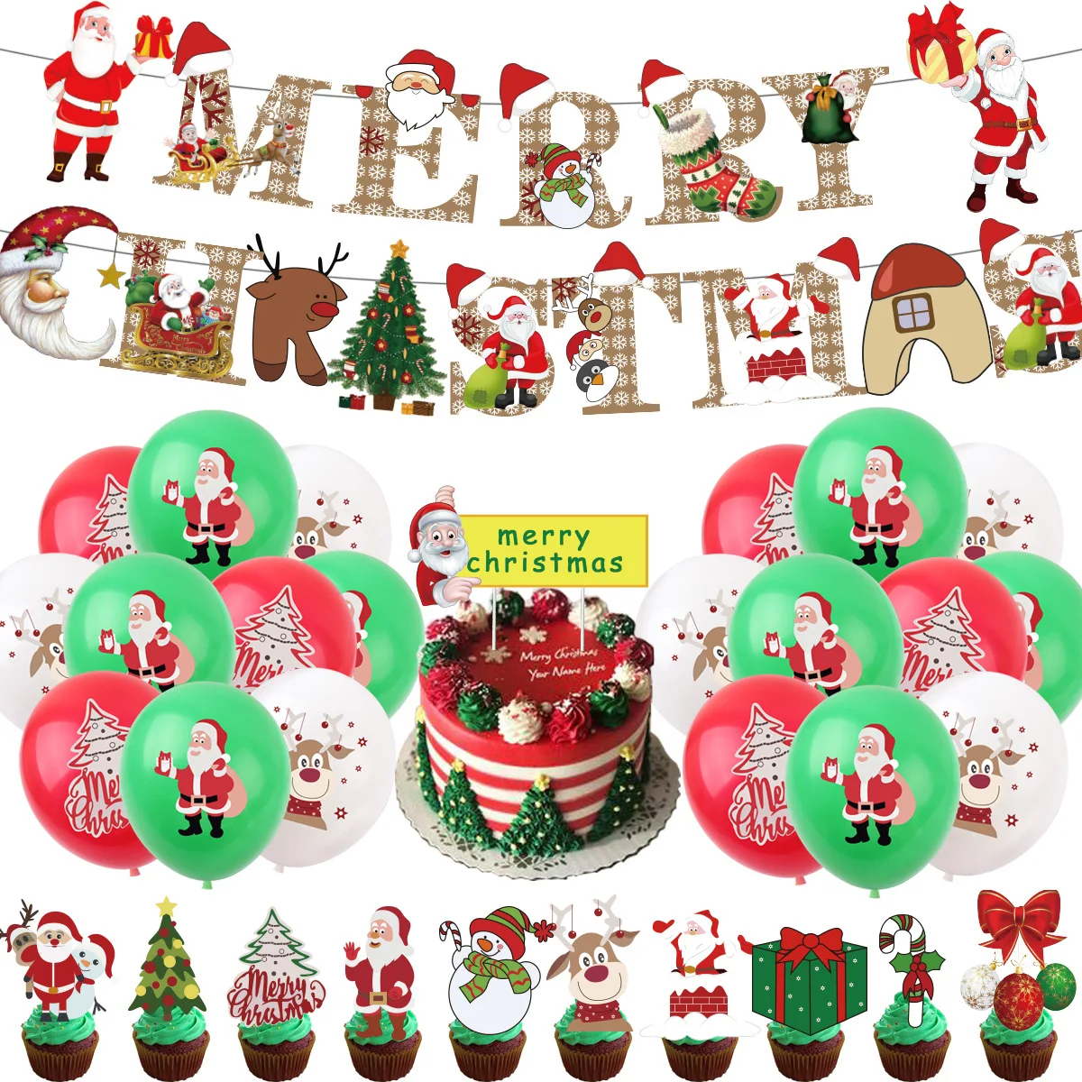 

Merry Christmas Theme Latex Balloon Banner Cake Topper Happy Christmas New Year Party Decor Hanging Bunting Kids Favors