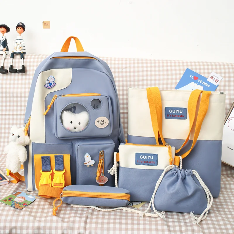

Water Proof Backpack For Teen Girl 2023 Cute School Bag For Women 5 Pes Set Student Backpack Large Multiple Pockets Knapsack
