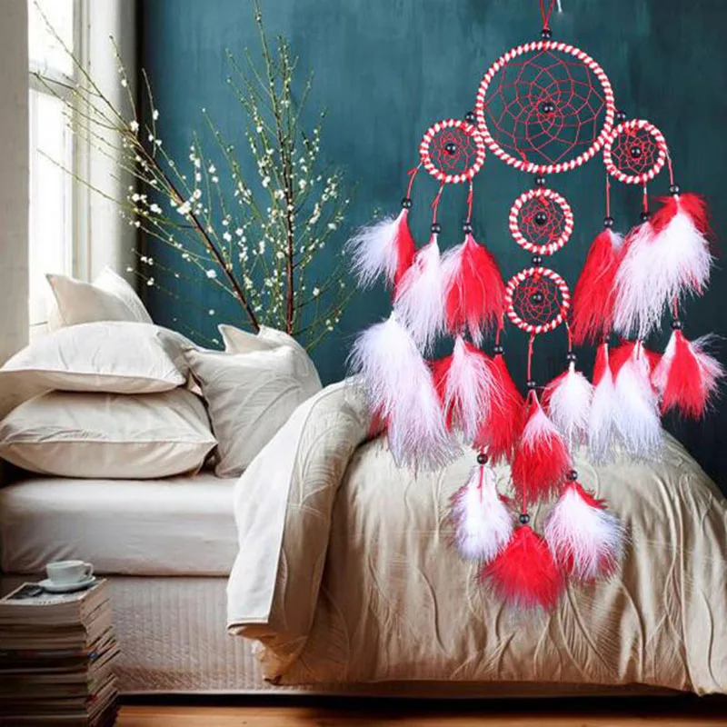 

Двухцветная Вельветовая подвеска в виде пера Ловец снов пять колец ветряные колокольчики для спальни украшение для свадьбы настенные подв...