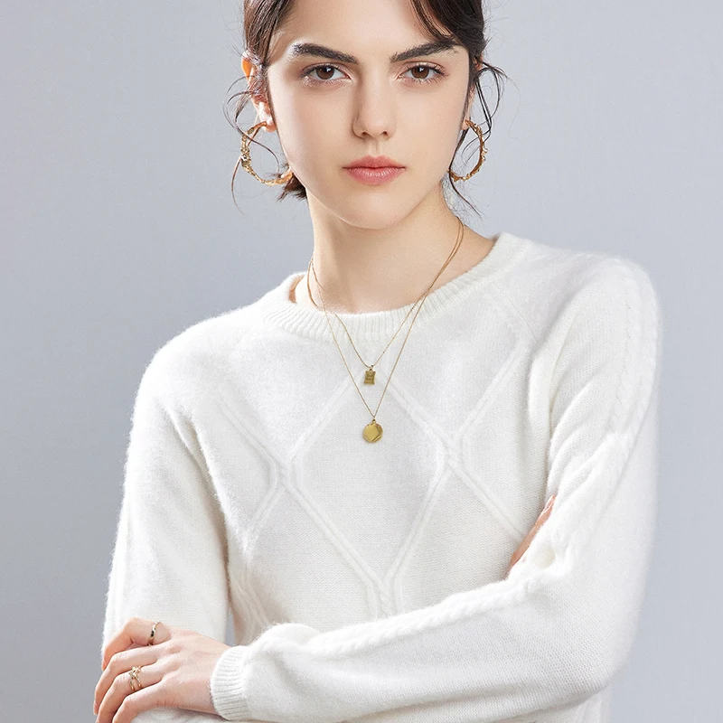 

Autumn and Winter New Women's Crew Neck Knitted Pure Wool Pullover Loose Shoulder Sleeves Twisted Flowers Underlay Sweater