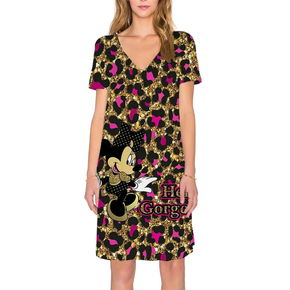 

Summer Disney Minnie Mickey Mouse Boho Elegant Dress Beach Party Women V-neck short sleeve Sexy Leopard Print Loose Dresses 5XL