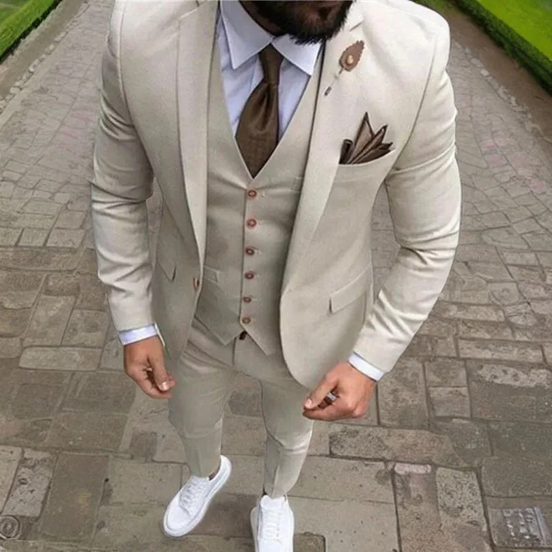 

Beige Slim Fit Casual Men Suits 3 Piece Custom Wedding Tuxedo With Notched Lapel 2023 Male Fashion Groom Costume Blazer Pants