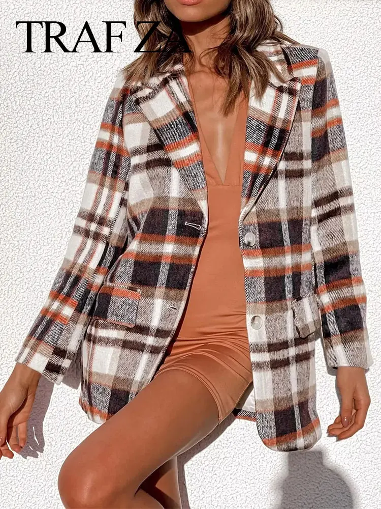 

TRAF ZA Fashion Trend Woolen Plaid Blazer Jacket Cardigan Button Loose All-match Temperament Suit Collar All-match Coat Women