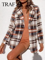 traf za fashion trend woolen plaid blazer jacket cardigan button loose all match temperament suit collar all match coat women