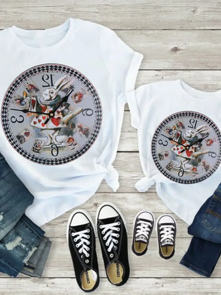 

Disney T Shirts Family Look OutfitsAlice in Wonderland New Products Summer All-Match Harajuku T-Shirts Child Clock Rabbit Trendy