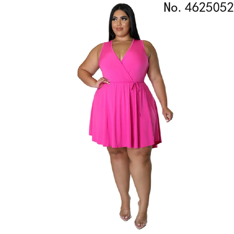 

Elegant Fuchsia Women Party Dress Plus Size Clothing All Matching V Neck Sleeveless Sexy Ladies Short Casual Dresses