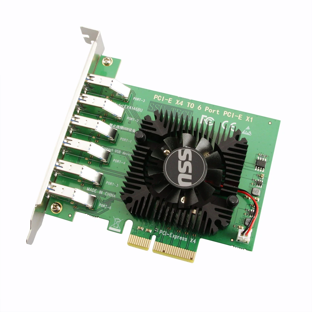 

EU4146BU PCI-E 4X to USB3.0 1 to 6 USB PortRiser Card X4/X8/X16 Multiplier Expansion Card Mining Miner 5Gbps Extender