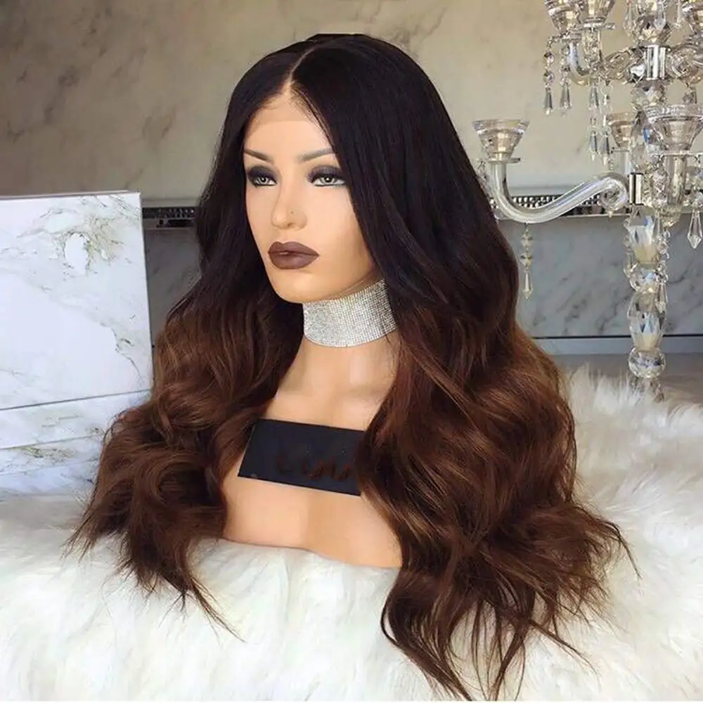 

Brown Lace Front Wig with black Root Body Wave Ombre Brown color Heat Resistant Hair For Women