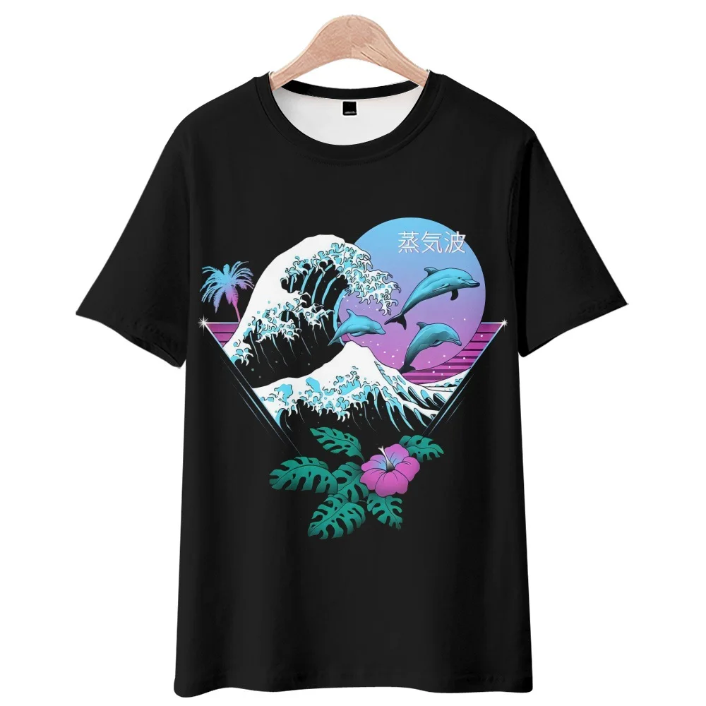 

Fashion Wave Dolphin Printed Short Sleeve T-Shirt Men Women Round Neck Casual Streetwear Versatile Hip Hop Top Tees