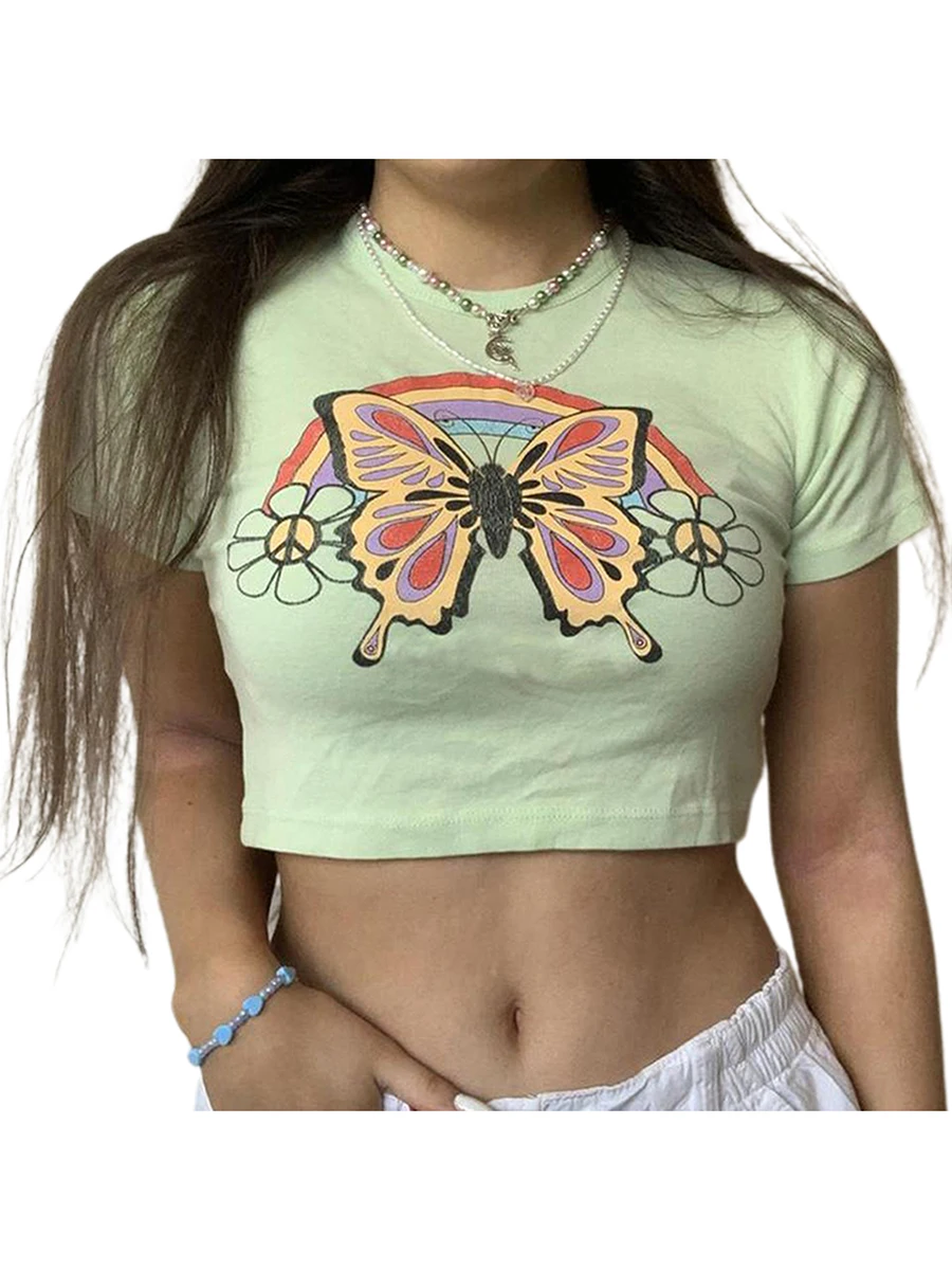 

Women Y2K Summer Slim T-Shirt Lip Pattern Print Short Sleeve Round Collar Streetwear Tops