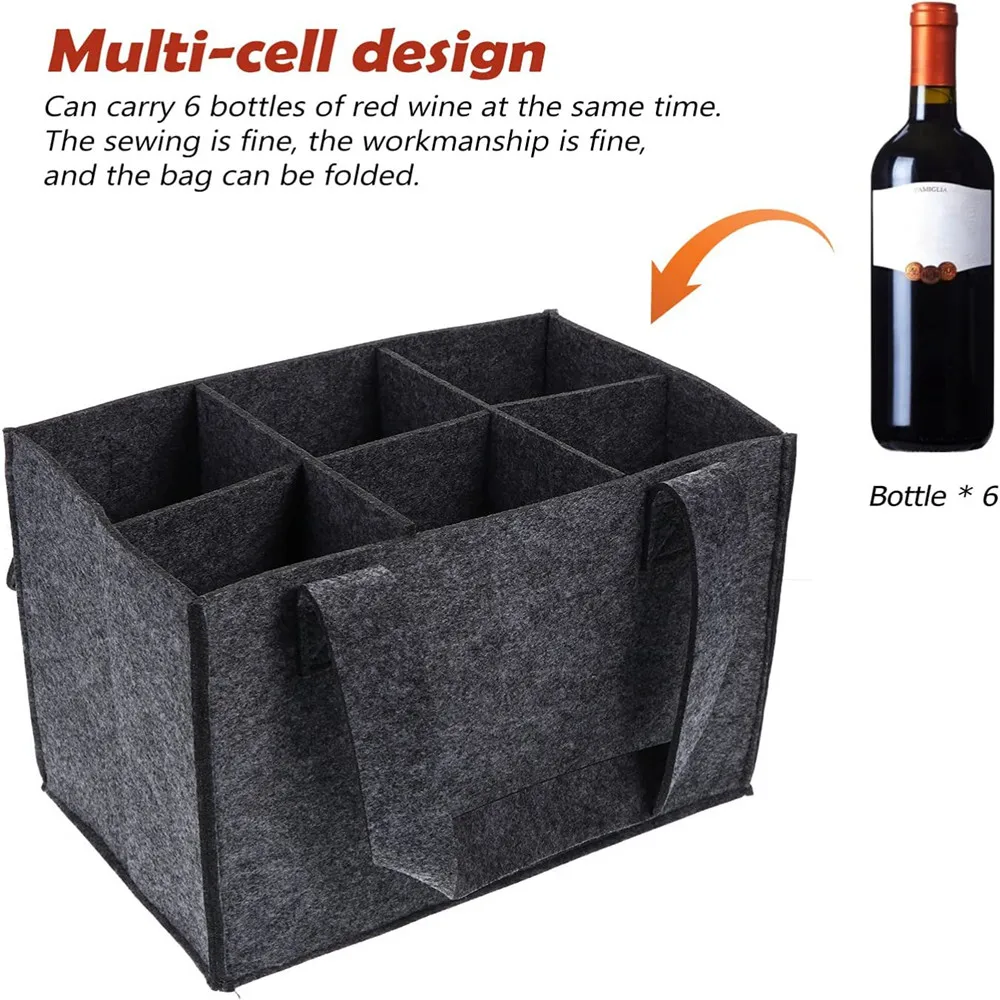 

6 Bottle Wine Carrier With Divider Felt Wine Storage Tote Bag Portable Wine Gift Bag Red Wine Storage Box With Handle