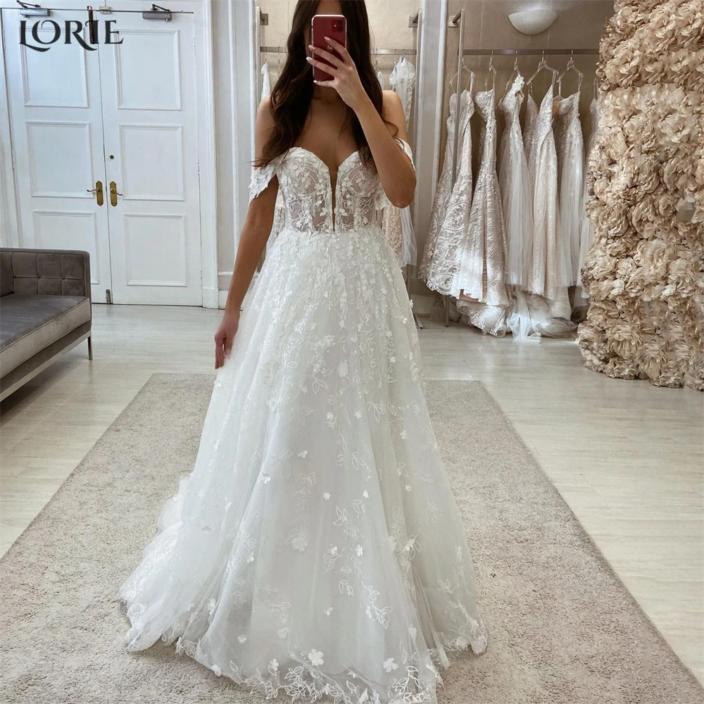 

LORIE Glitter Bohemia Lace Wedding Dresses Off Shoulder Deep V-Neck A-Line Bridal Gowns Backless Pageant Princess Bride Dress