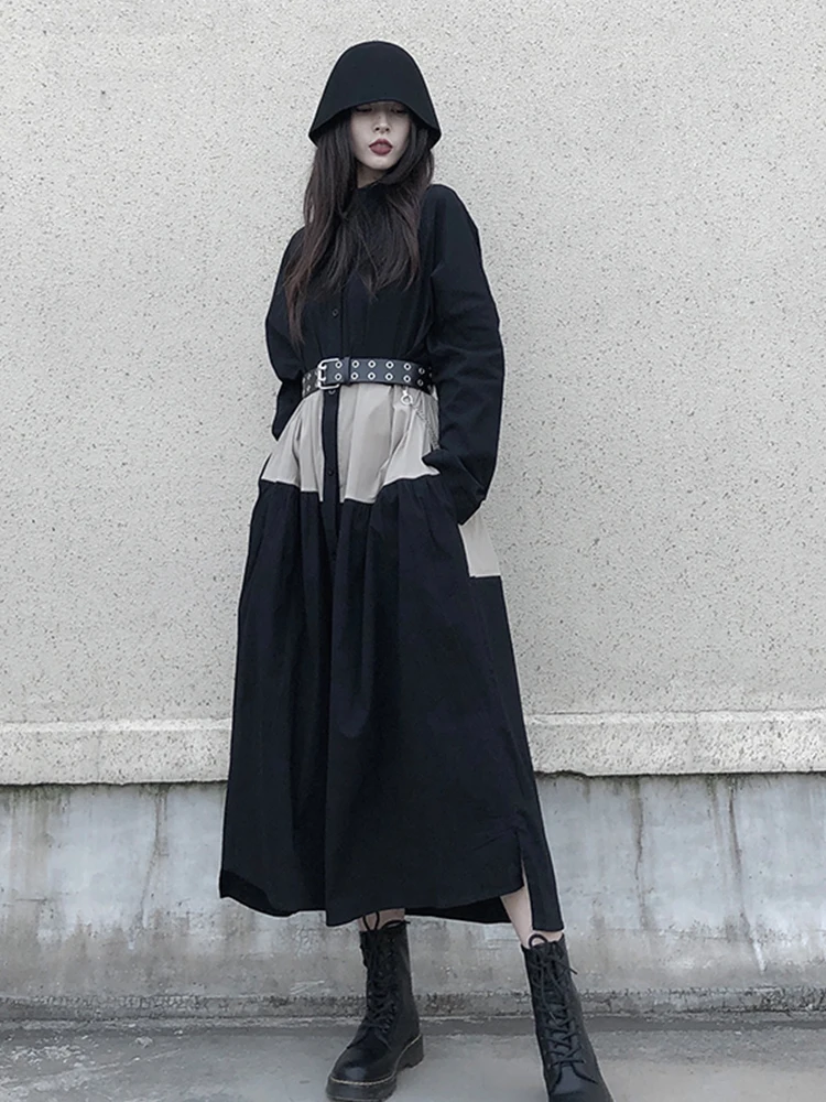 

Women's Temperament Loose Shirt Skirt Fashion Trend Japanese Personalized Splicing Large Swing Long Sleeved Dress