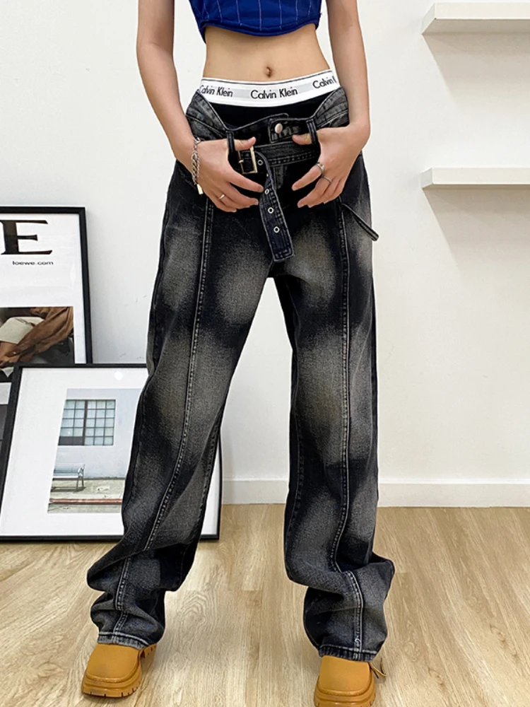 WeiYao Korean Fashion Belt Low Waist Straight Jeans Tie Dye Print Aesthetic Vintage Denim Trousers Women Stitched Grunge Cloth