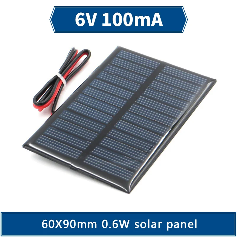 Панель Солнечная с проводом, 6 в, 0,6 Вт, 0,6 мА, 60 х9, 0 мм