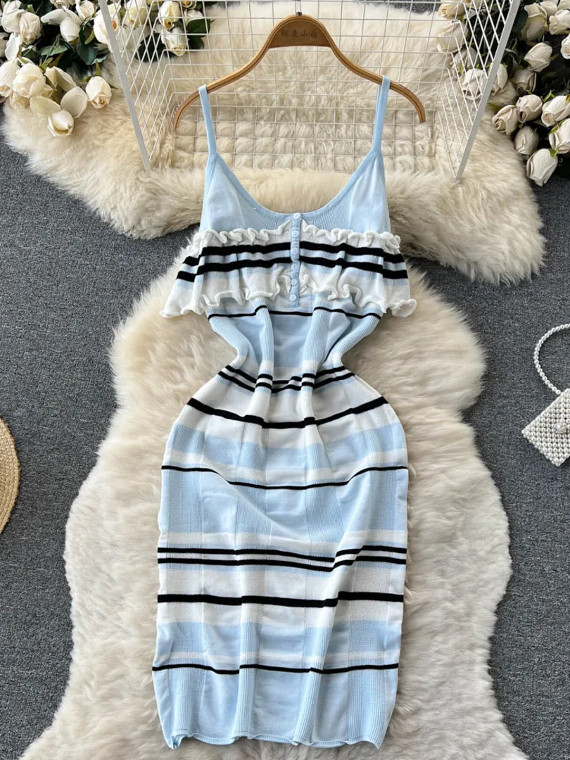 

Foamlina Casual Women Summer Dress Striped Knitting Strap Dress Elegant O-neck Sleeveless Ruffles Midi Calf Female Dress Clothes