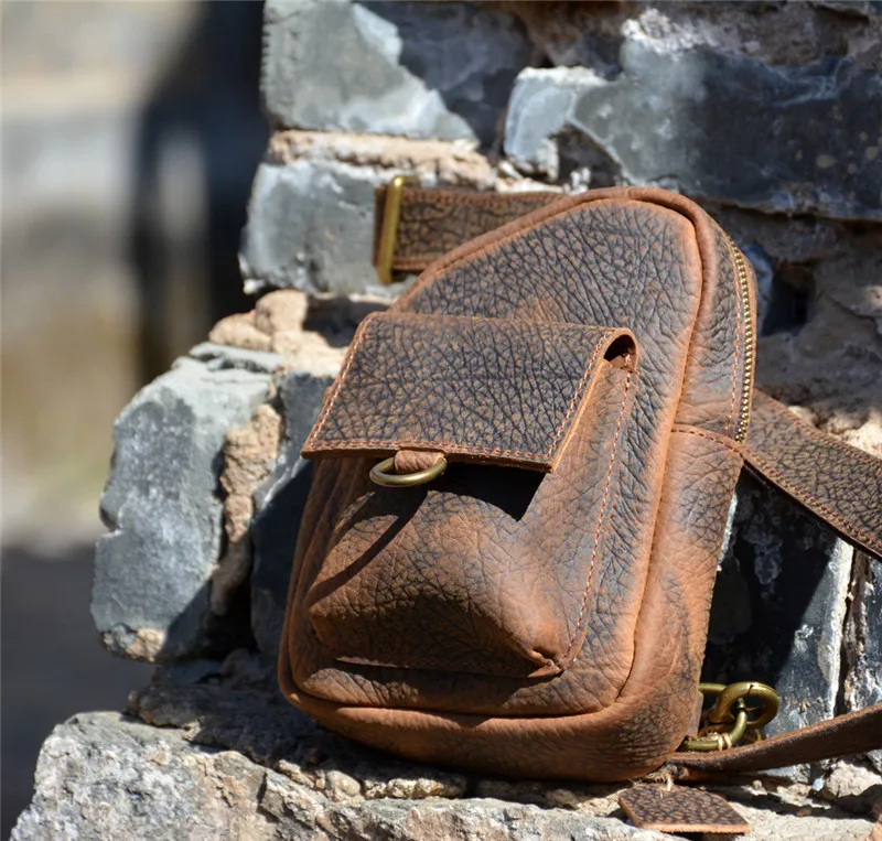Luxury genuine leather men's small chest bag casual designer outdoor weekend daily natural crazy horse cowhide diagonal bag