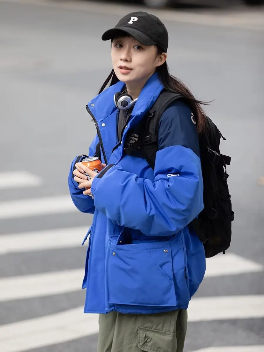 Winter Cotton Padded Clothes Loose Coat High Collar Zipper Cargo Letter Print Patchwork Harajuku Woman Casual Streetwear