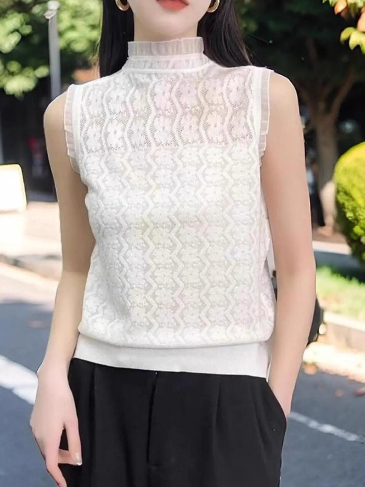 Кружевная водолазка без рукавов жаккардовый жилет с вырезами свитер из ледяного