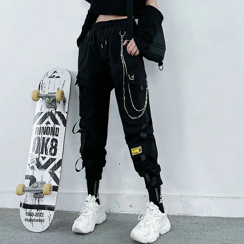 Harajuku Black Cargo Pants Women Chain Wide Leg Hiphop Streetwear Women Pants Loose Female Baggy Oversize Korean Style Trousers