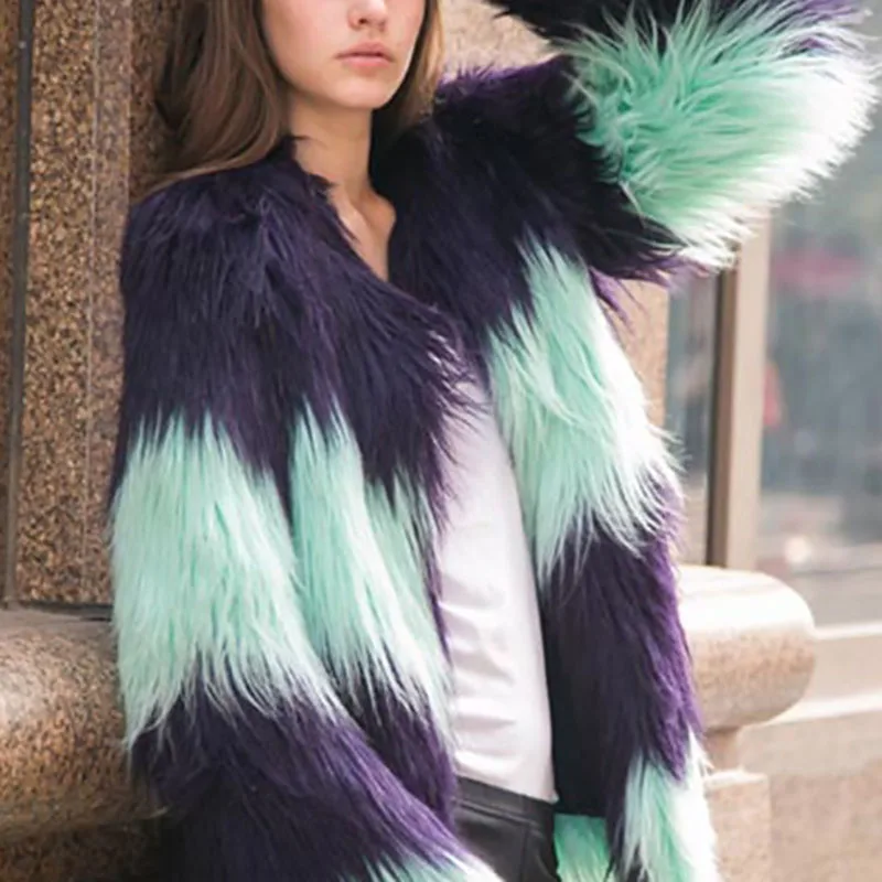 Winter Fashion Long Faux Fur Grass Women's Dress Women's Korean Patchwork Coat