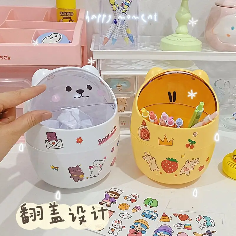 Kawaii Pen Holder Desk Organizer Ins New Cute Bear Office Stationery Cosmetics Storage Box With Cover Creative Desktop Trash Can