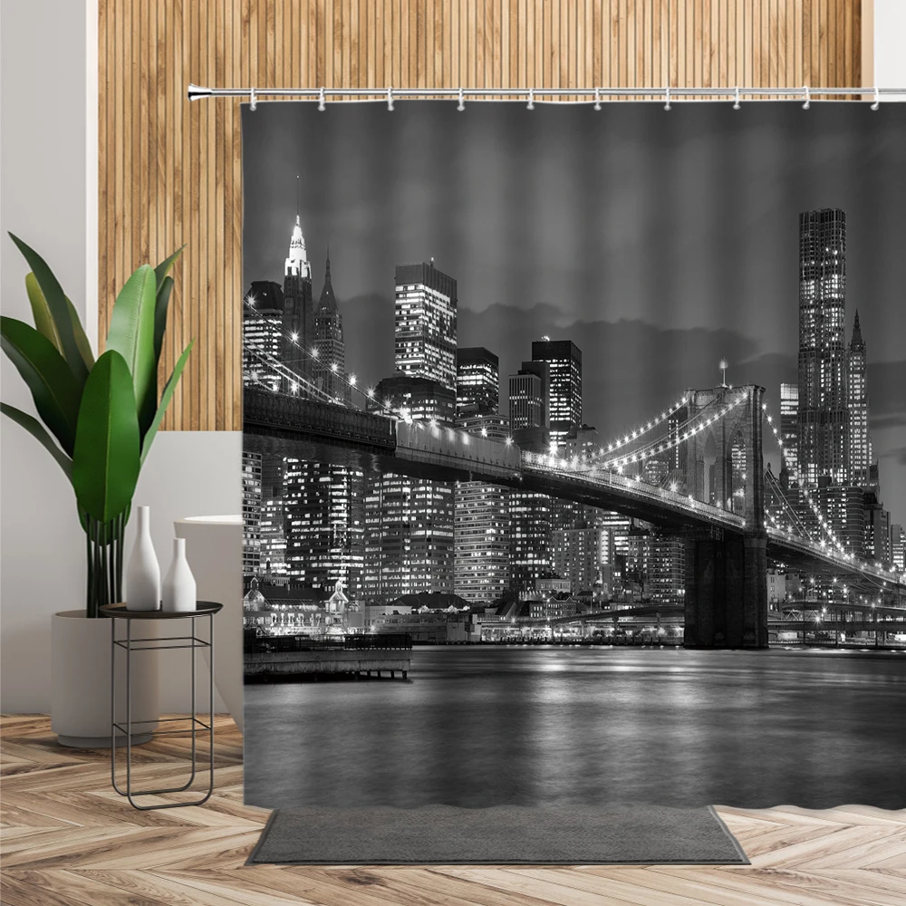 

New York Night Landscape Shower Curtain Modern City Bridge Building Bath Curtains 3D Retro Black White Photo Bathroom Decors Set