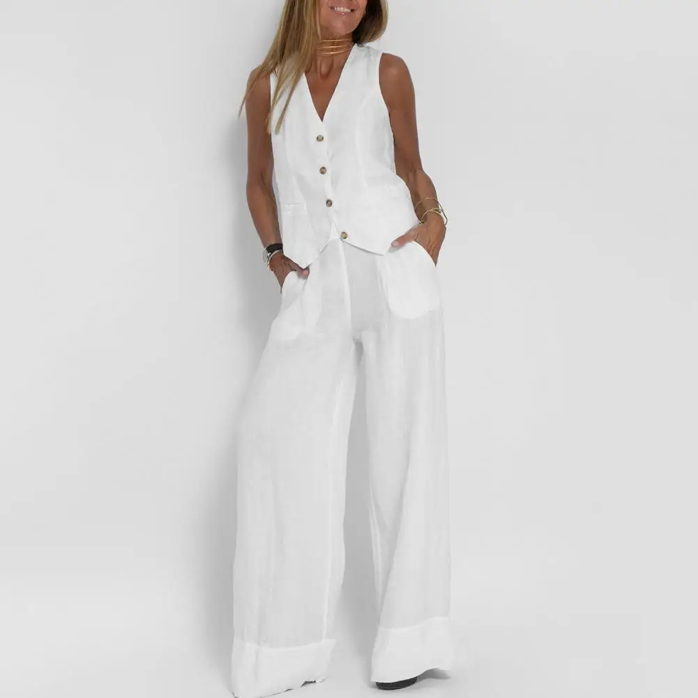 

Spring Summer Suit Set Fashionable Women's Cotton Linen Suit Sleeveless Vest Wide Leg Pants Set for Office or Casual Wear