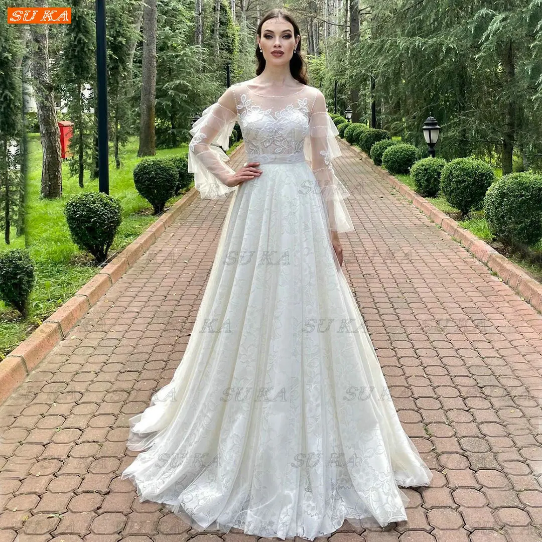 

Elegant Ivory O Neck Wedding Dress 2022 White Vestido De Noiva Princesa A Line Tulle Lace Robe De Mariage Bohemian Bride Dresses