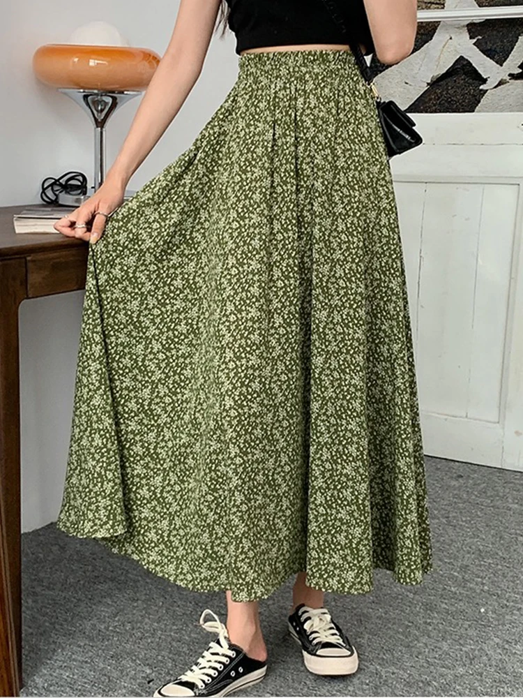 

SURMIITRO 2022 летняя корейская модная зеленая плиссированная длинная юбка макси с цветочным принтом женская юбка трапециевидной формы с высокой...